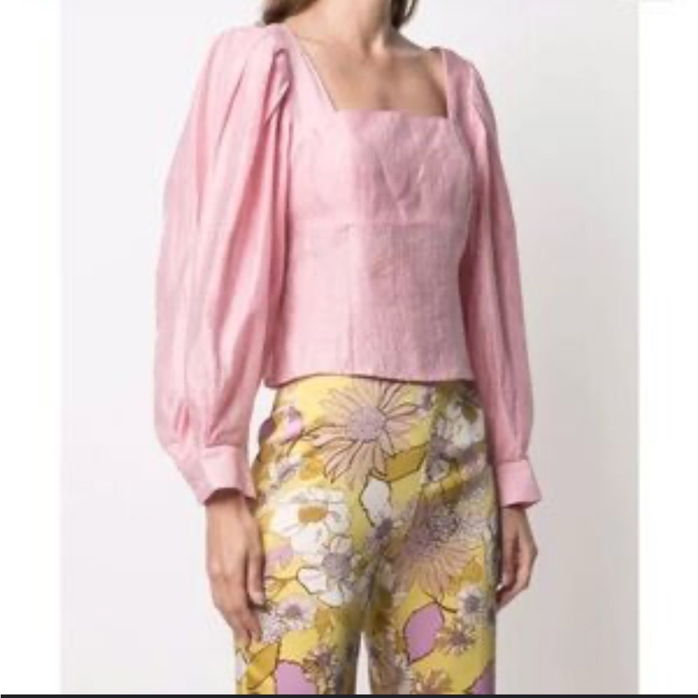 Sandro Summer Pink Linen Blouse with puff sleeves